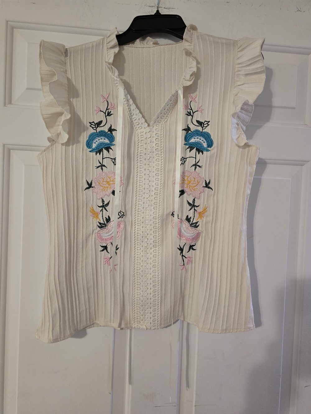 Women's Cream Ruffled Sleeveless Embroidered Top